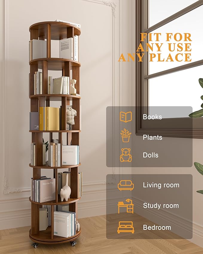 IUNVR Rotating Bookshelf, 6 Tier Solid Wood Bookshelf Tower with Lockable Wheels, 360° Spinning Revolving Bookcase for Small Spaces, Corners, Bedroom, Kids Room, Home Office, Walnut