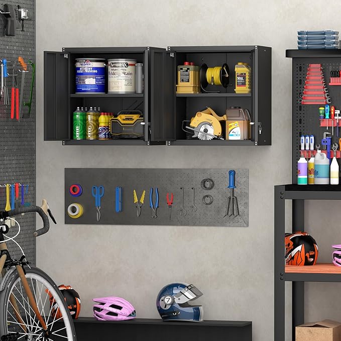 Metal Wall Cabinet, Steel Cabinet Wall Mounted, Lockable Storege Cabinet with Doors and Shelves, Upper Cabinets for Home Office, Pantry, Garage, Black