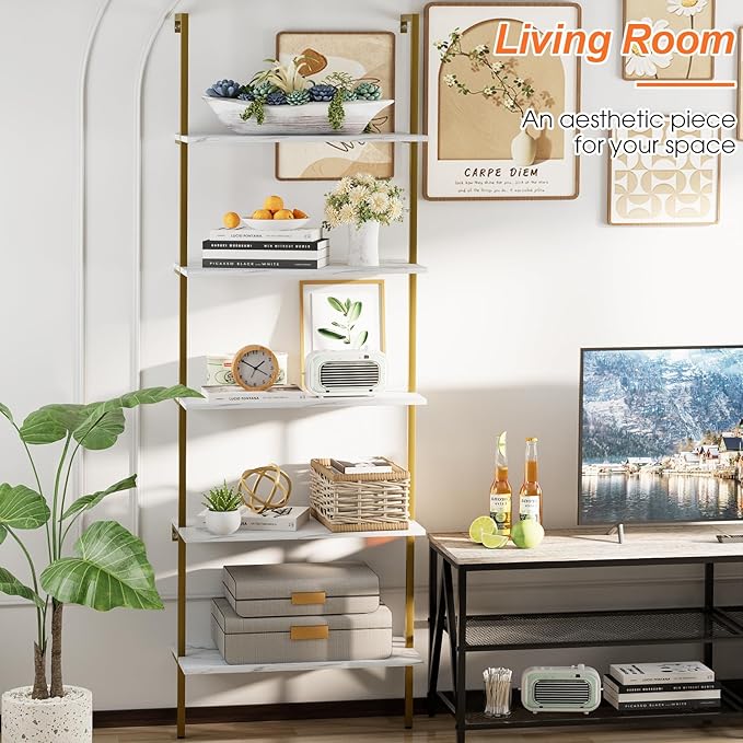 Wolawu 5 Tiers Ladder 2-Piece Shelf White Marble Modern Bookshelf Open Tall Wall Mount Bookcase Standing Leaning Wall Shelves Industrial Decorative