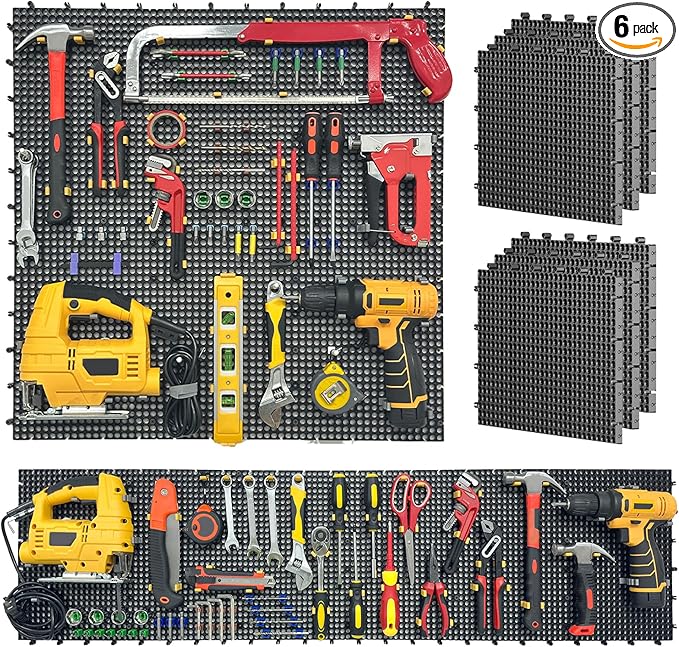 Pegboard Kit: 6 Panels (90x40cm/36x16in, Black) + 200 Hooks & Accessories, Heavy Duty Rustproof Plastic Peg Board for Home, Garage, and Craft Room Tool Storage
