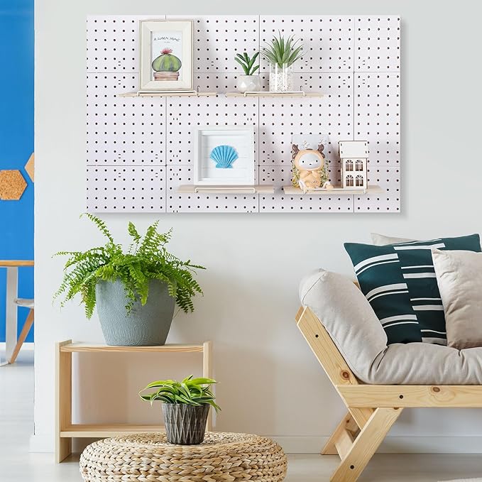 Wonderjune 4 Pcs Wooden Pegboard Shelves with Metal Pegboard Shelf Brackets Peg Board Display Storage Tray Wall Organizer Peg Board Accessories for Craft Room Home Kitchen(Brown,9.84 x 5 Inch)
