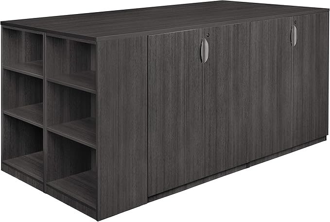 Regency Legacy Stand Up Desk/ 3 Storage Cabinet Quad with Bookcase End- Ash Grey