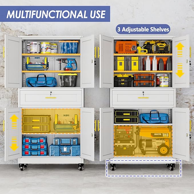 61" Metal Garage Storage Cabinet with Wheels and Locking Doors and Tall Rolling Steel Tool Cabinet with 5 Adjustable Shelves for Garage,Home,Office,Shop (White, 71" H x 35.43W x 15.74" D)