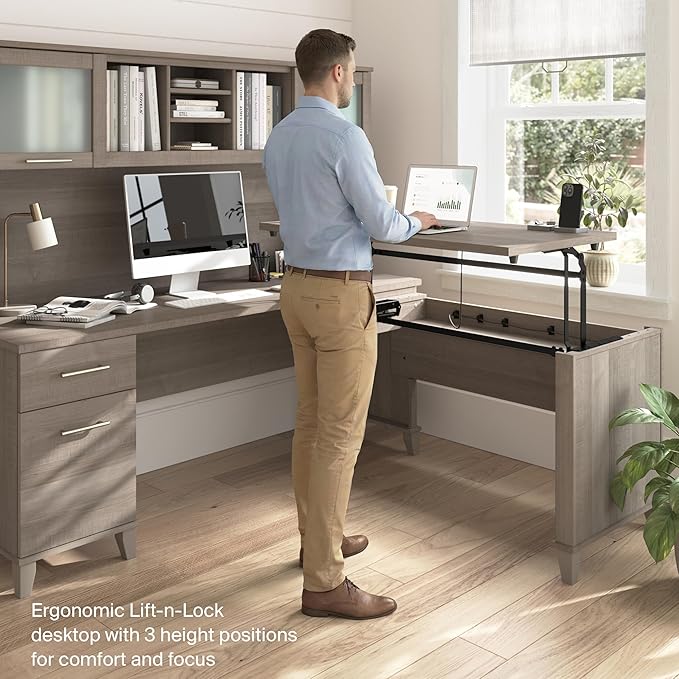 Bush Home Somerset 72W 3 Position Sit to Stand L Shaped Desk with Hutch in Ash Gray | Adjustable Height Table for Home Office