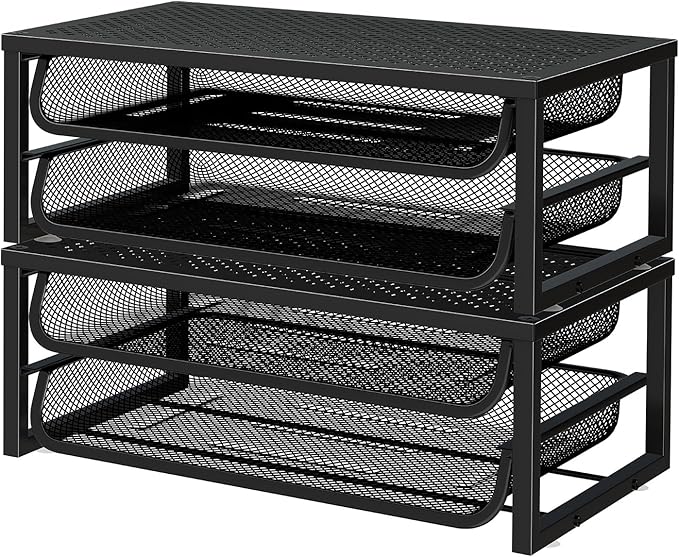 Ekisemio 2 Pack Desk Organizer and Accessories, 2-Tier Metal Computer Monitor Stand Riser with Drawer, Desk Accessories & Workspace Organizers for Home Office Supplies, Black