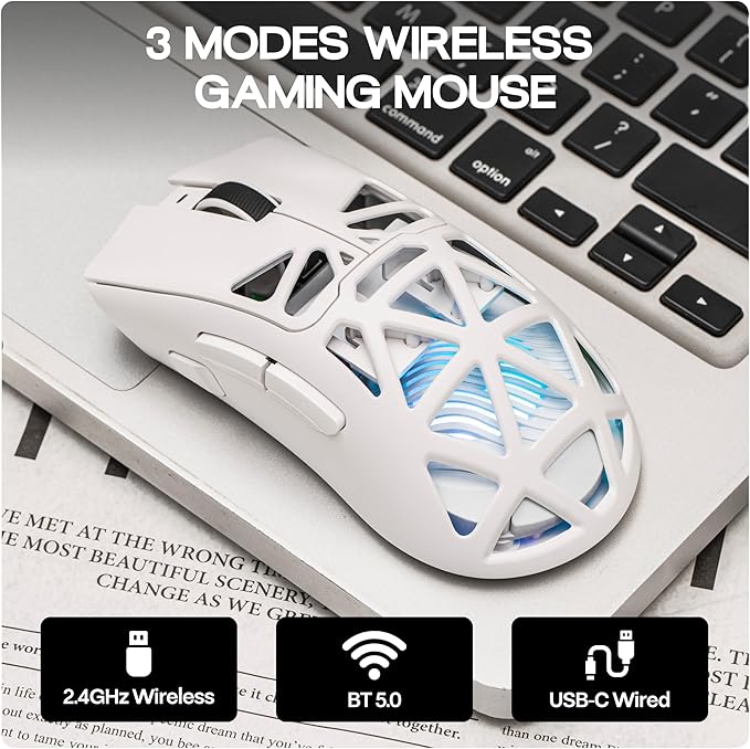 MechLands Aula SC620 Gaming Mouse, 2.4G/USB-C/BT Wireless Mouse with 400mAh Battery, Adjustable 12,000 DPI & 1000 Polling Rate, PAW3311 Sensor, RGB Lighting, Programmable Buttons, for Win/Mac (White)