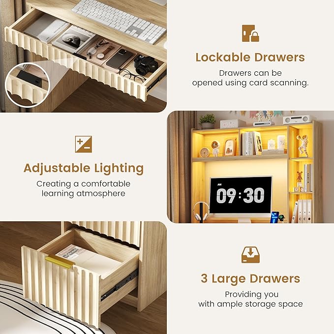 Lvifur LED Study Desk - with Hutch & Storage Cabinet,Home Office Desk with Outlet and 3 Color LED and Card-Based Lock,Writing Desk Computer Desks for Studyroom,Ideal for Office Set,Natural