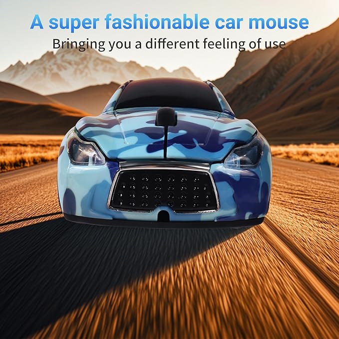 elec Space Wireless Car Mouse with LED Headlights, 2.4G Unique Car Mouse for Kids, 1600 DPI Cute Gaming Mouse for Laptop PC Computer - Navy Blue