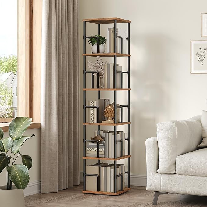 MAHANCRIS 5-Tier Rotating Bookshelf, Freestanding Corner Bookshelf, 360° Spinning Bookcase, Industrial Style Storage Rack with Rails, for Living Room, Bedroom, Study, Rustic Brown and Black BKHR1601