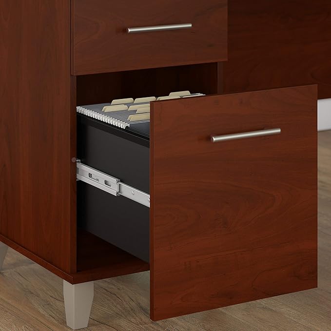Bush Furniture Somerset 72W 3 Position Sit to Stand L Shaped Desk with Hutch and File Cabinet in Hansen Cherry