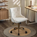 VINGLI White Teddy Fleece Armless Office Desk Chair with Gold Base/Wheels, Cute Vanity/Makeup Chair with Back for Bedroom, Upholstered Adjustable Rolling Swivel Nail Chair for Women/Girls