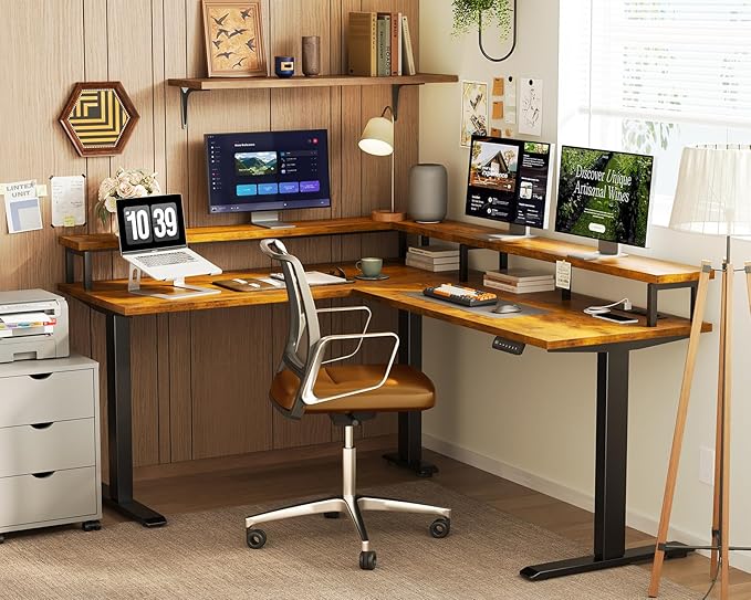 AODK Electric L Shaped Standing Desk, 59 Inch Height Adjustable Stand Up Desk with Power Outlets ＆ Full Monitor Stand, Reversible Corner Desk for Home Office ＆ Computer Workstation, Rustic Brown