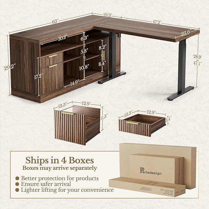 Home Office Furniture Set, 67'' Standing Desk with 44'' Bookshelf, Electric Height Adjustable Desk with 2 File Cabinet, AC/USB and Bookcase with 3 Drawers, Fluted Style Black Walnut
