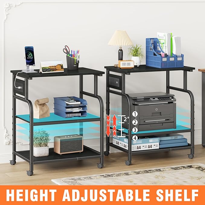 YAOHUOO 3 Tier Large Printer Stand with Power Outlet/Adjustable Storage Shelf, Rolling Cart with Wheels, Printer Table for Home Office 3D Printer/Heat Press/Laster, 22"×15" Black