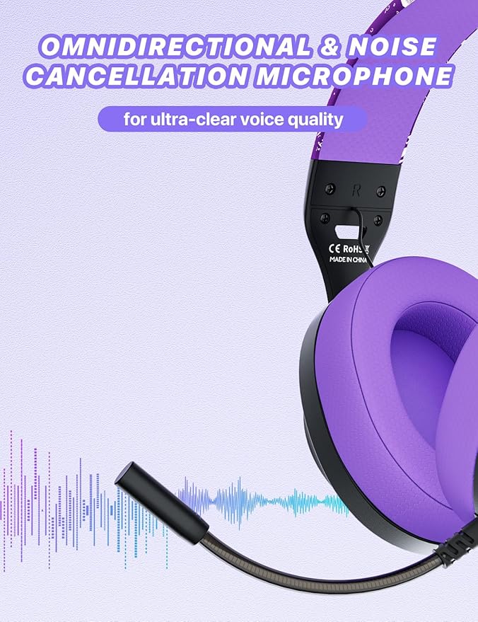 WIRWTRU S30 Gaming Headset with Microphone,198g Lightweight Design, Wired Gaming Headphones for Xbox, Xbox Series X|S, PS5, PS4, Switch, PC, Noise Cancelling Mic, Soft Earmuffs (Purple)