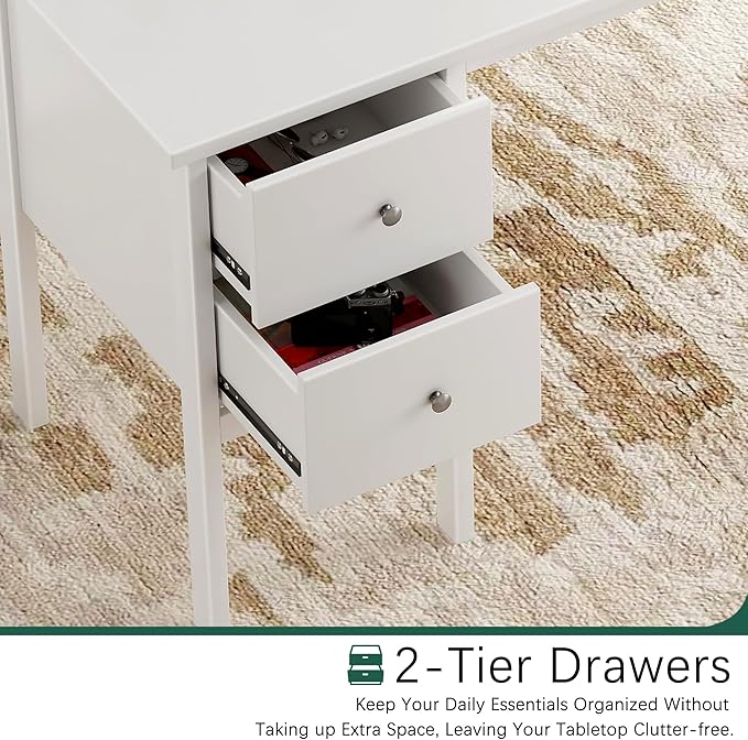 BHG Computer Desk with Drawers,Modern White Home Office Desk with Storage Filing Cabinet, Vanity Desk Makeup Dressing Table for Bedroom,Small Writing Table PC Desks for Study(White, 43.3")