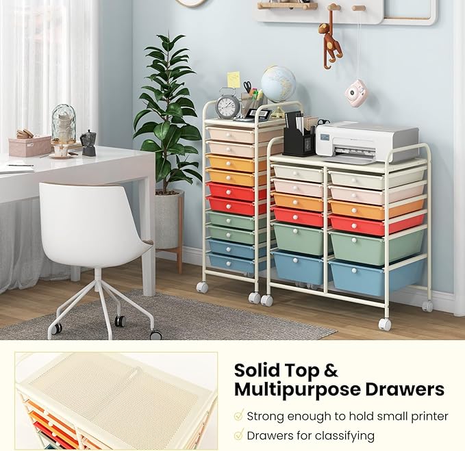 Moccha 12-Drawer Rolling Storage Cart - Utility Cart on Wheels with Lockable Casters for Craft Art Supply Paper Salon, Mobile Drawer Carts for Classroom Teacher School Office, Macaron
