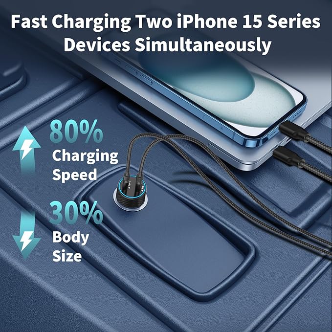 Linocell [Apple MFi Certified] iPhone 17 Car Charger, 90W USB C Car Charger Dual PD Power Cigarette Lighter Adapter with 2Pack Type C Braided Cable for iPhone 17/17 Pro Max/16/15/Galaxy S26/S25/Pixel