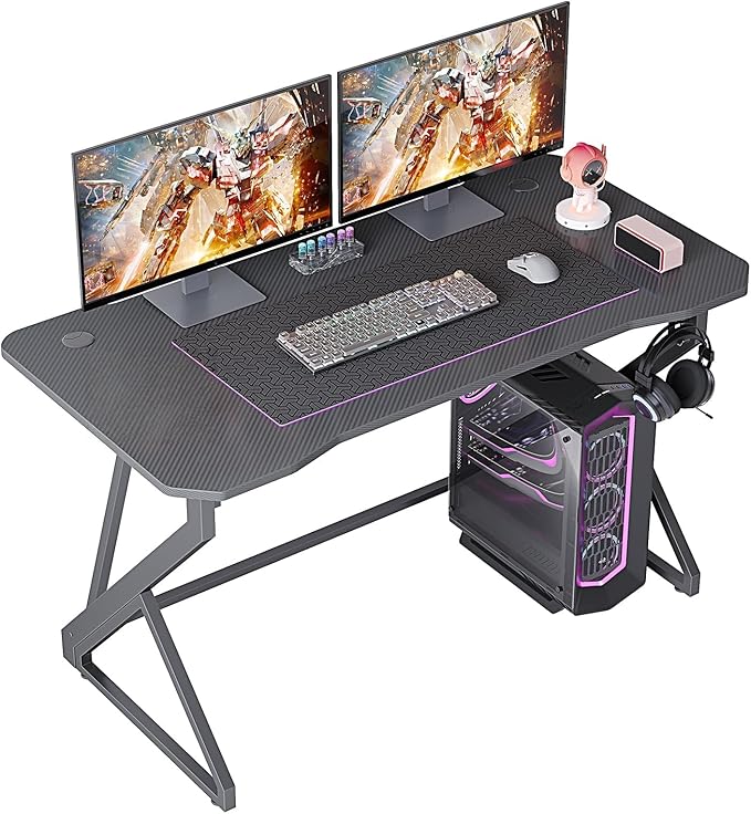 Grandder Gaming Desk Z Shaped 47 Inch Gamer Workstation, Home Computer Carbon Fiber Surface Gaming Desk PC Table with Headphone Hook, Carbon Fiber Grey
