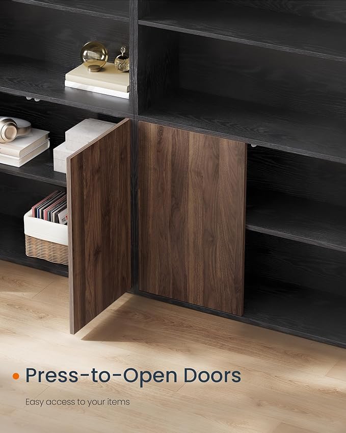 SONGMICS Home Book Shelf, Superfast Toolless Assembly, 6-Tier Floor Standing Bookcase with Doors and Adjustable Shelves, 70.4 Inches Tall for Bedroom Study Living Room, Ebony Black and Natural Walnut