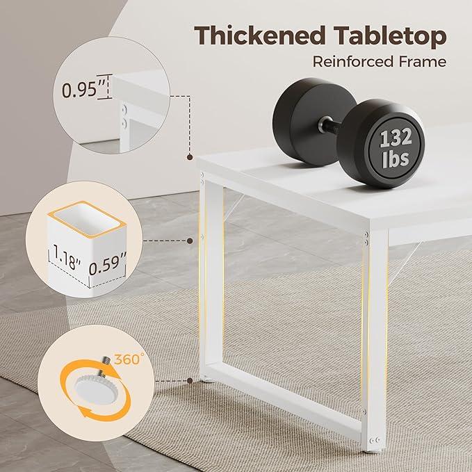 Mericonia 40 Inch Computer Desk, 1" Thick Modern Simple Study Writing Table, Heavy Duty Industrial Office Desk for Home Bedroom Workstation, White
