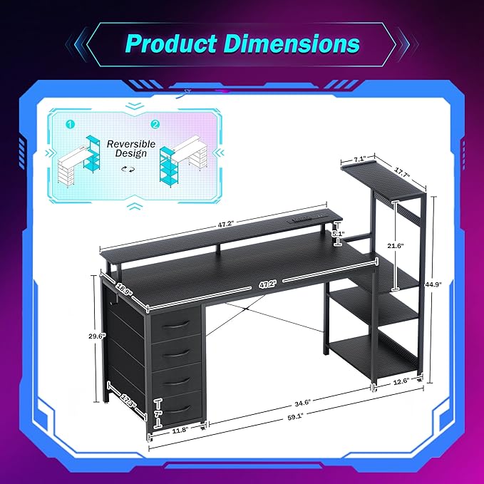 59 Inch Gaming Desk with LED Lights and Power Outlets, Computer Desk with Storage Shelves, Fabric Drawers, Monitor Stand & Side Hook, Reversible Gamer Table for Home Office, Carbon Fiber Black