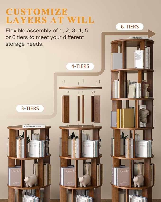 IUNVR Rotating Bookshelf, 4 Tier Solid Wood Bookshelf Tower with Lockable Wheels, 360° Spinning Revolving Bookcase for Small Spaces, Corners, Bedroom, Kids Room, Home Office, Walnut