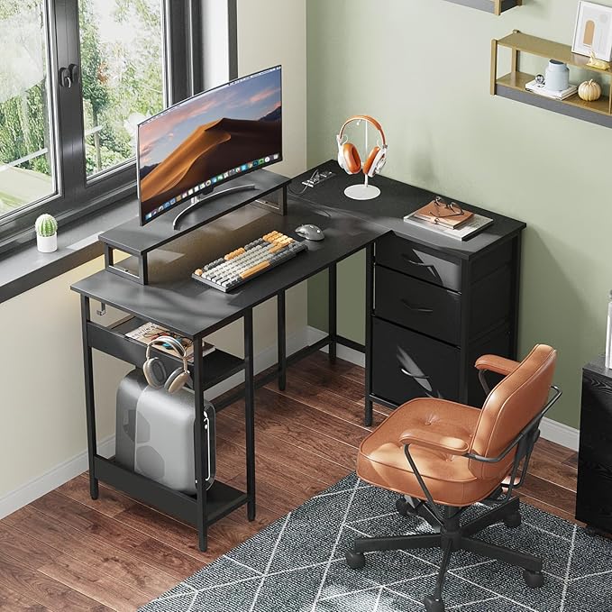 DEVAISE L Shaped Gaming Desk with Drawers and Storage, L Shaped Desk with LED Lights, Power Outlets, PC Desk with Monitor Stand, Corner Desk for Home Office (Black, 47 Inch)