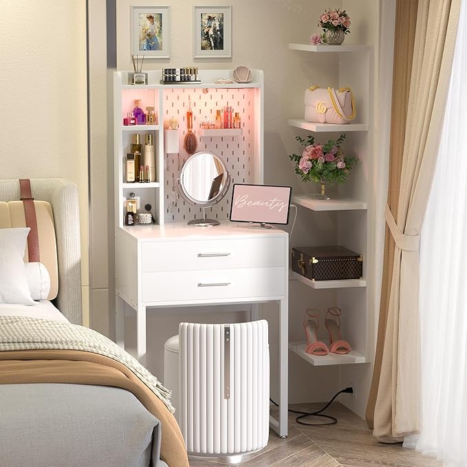 Besiost Small Vanity Desk with Hutch and Drawers, White Makeup Vanity Desk with Charging Station, Vanity Table Dressing Table with LED Lights, Vanity Desk No Mirror with Pegboard for Girls Women, 24"