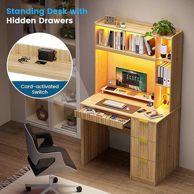 WOOVIVS Home Office Desk with Hutch & LED Lights - 39" Computer Desk with Charging Station, 3 Large Drawers, Hidden Compartment & Fluted Panel Design,Natural Writing Desk for Bedroom, Study