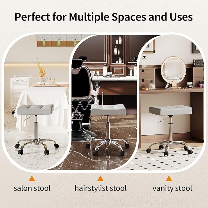 FIRAVOE Saddle Stool with Wheels, Swivel Rolling Stools for Vanity, Adjustable Height Tattoo Stool 17"-21" (Gray)