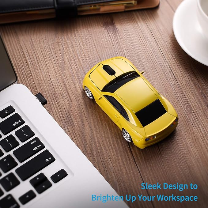 Wireless Car Mouse [Updated] with LED Headlights, 1600 DPI Sports Car Shaped Mouse for Mac, Computers, Yellow