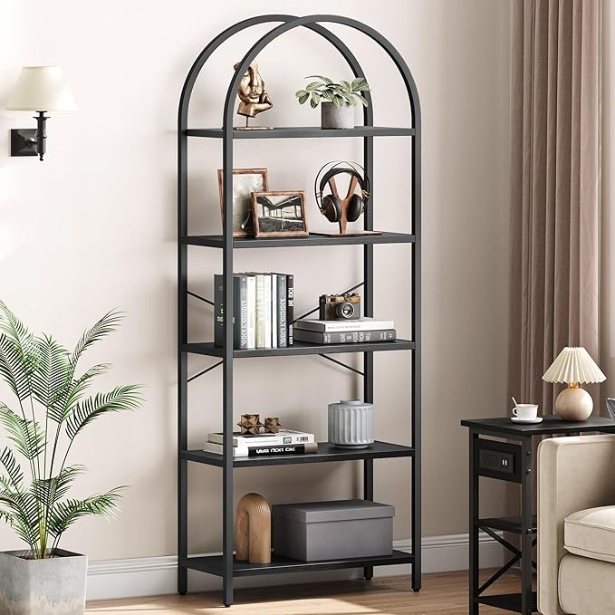 IDEALHOUSE Bookshelf 5 Tier Bookcase Arched Display Racks Tall Standing Bookshelves Metal Frame Modern Storage Rack Shelf Large Wood Book Shelf for Bedroom, Living Room, Home Office (Black)