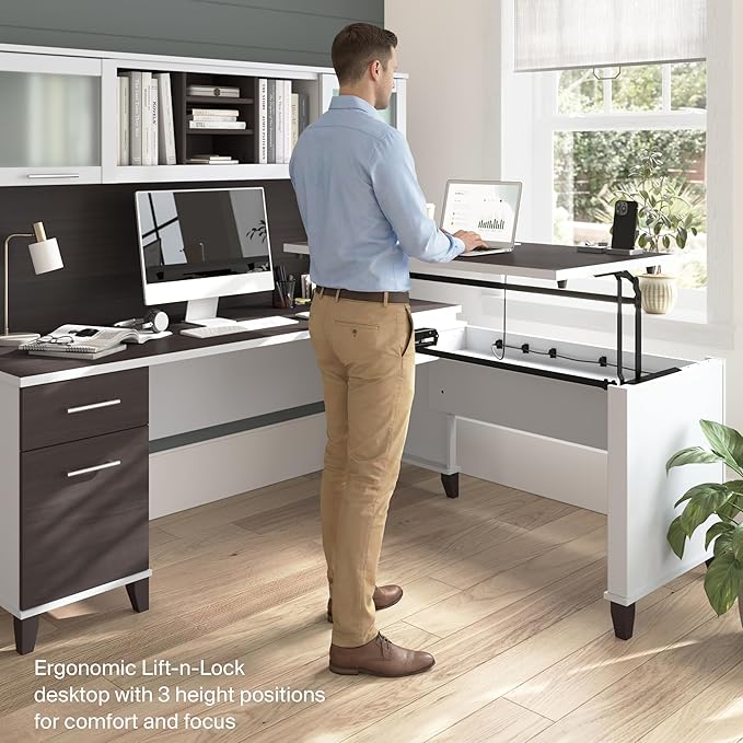 Bush Home Somerset 72W 3 Position Sit to Stand L Shaped Desk with Hutch in White and Storm Gray | Adjustable Height Table for Home Office
