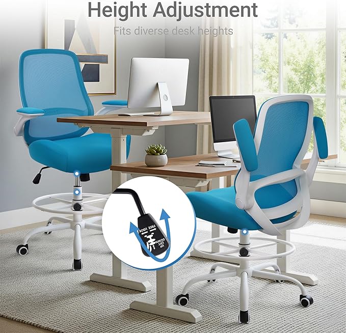 HYLONE Drafting Chair Tall Office Chair with Flip-Up Armrests Ergonomic Computer Chair with Lumbar Support Adjustable Footrest Ring Mesh Standing Desk Chair (Blue)