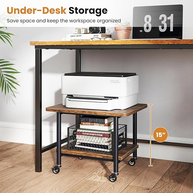 Giantex Under Desk Printer Stand, 2-Tier Mobile Printer Table with Storage Shelf, Lockable Wheels & Metal Frame, Rolling Printer Cart Holder, Storage Rack for Home Office Scanner Fax Machine (Brown)