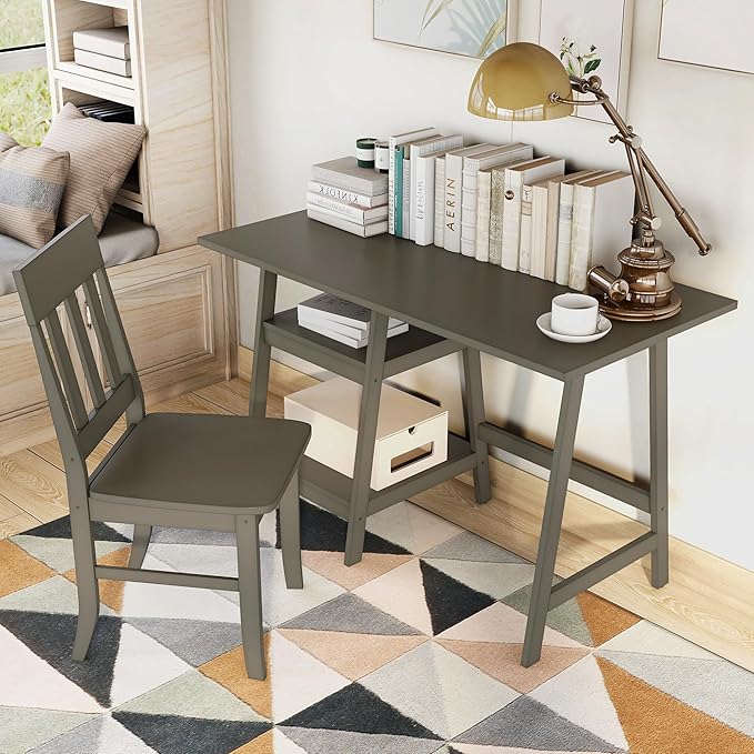 24/7 Shop at Home Myrrh Cottage 2-Piece Wood Storage Writing Desk with 2 Shelves and Chair Set for Workstation, Home Office, Study Room, Gray