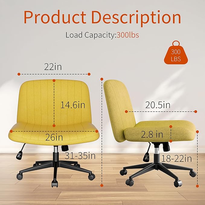 Meilocar Criss Cross Chair with Wheels, Cross Legged Office Chair, Armless Office Chairs Adjustable Height Swivel Tilting Fabric Vanity Chairs for Home Bedroom (Yellow)