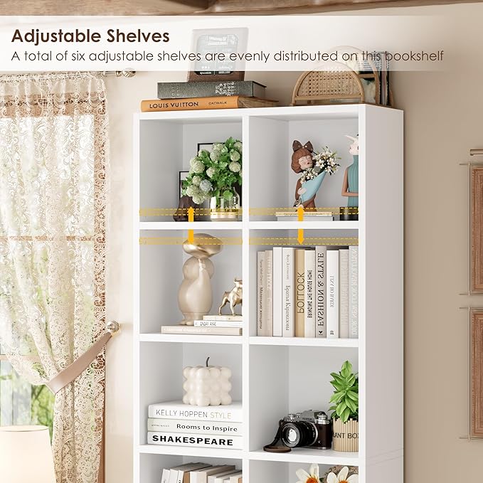 FOTOSOK 71'' Tall Bookshelf with 14 Cubes, 7 Tier Double Wide White Bookshelf with 6 Adjustable Shelves, 19.6" Narrow Bookcase DVD/CD Media Storage, Space Saving Display Shelf Cabinet, White