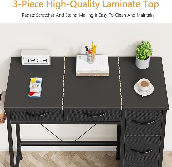 HIGDBFE Small Desk with 5 Fabric Drawers, 33 Inch Writing Desk for Home Office, Simple PC Desks for Small Place, Kids Girls Teen Study Table Vanity for Bedroom, Dorm, Black, 14" D