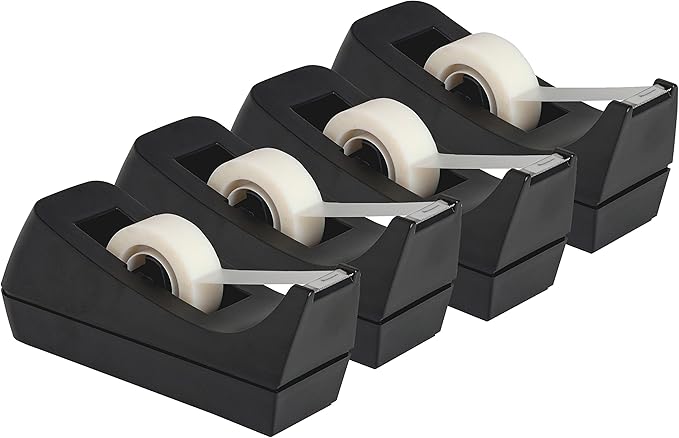Desktop Tape Dispenser, 4-Pack, Non-Skid Base - with 3 Extra Dispenser Replacement Core (Core not Included), Perfect for Office, Home, School - Value Pack