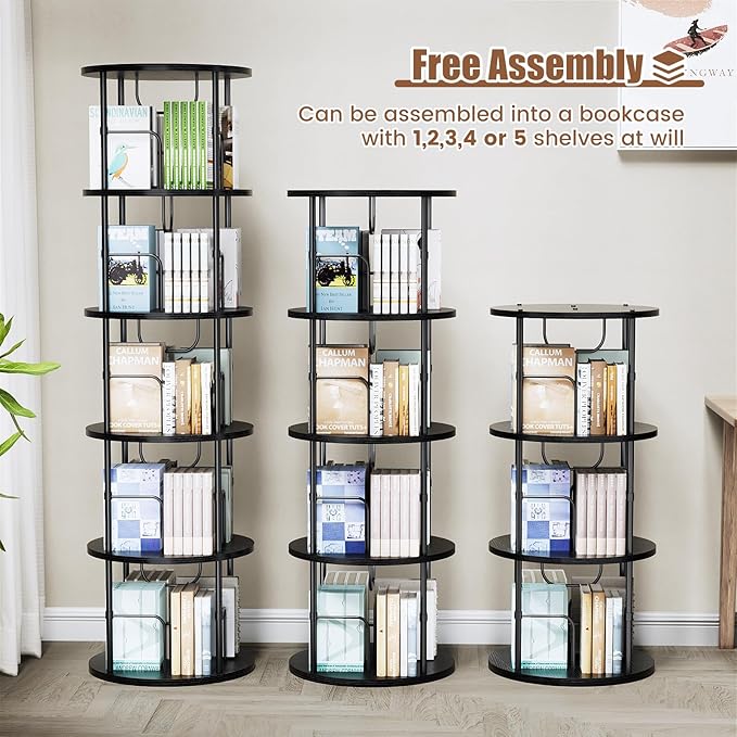 ALLSTAND 5 Tier Rotating Bookshelf, 360 ° Display Stackable Spinning Bookshelf Tower, Corner Bookshelf Tall Floor Standing Swivel Bookcase Narrow Storage Organizer for Bedroom, Living Room, Black