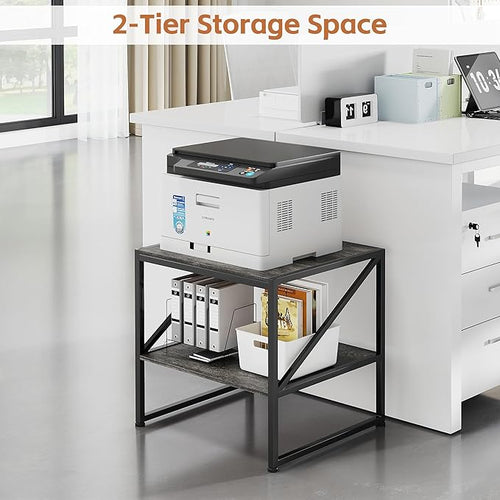 2-Tier Large Priner Stand with Charging Station, 20"×20" Under Desk Printer Table with Power Outlets and USB Ports for Home Office, Heavy Duty Storage Rack for Scanner Fax Machine Heat Press, Grey Oak