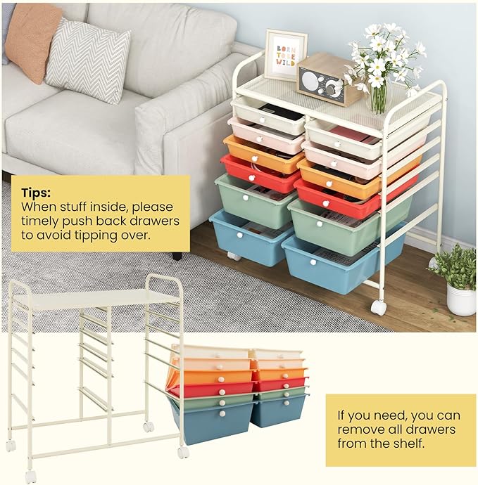 Moccha 12-Drawer Rolling Storage Cart - Utility Cart on Wheels with Lockable Casters for Craft Art Supply Paper Salon, Mobile Drawer Carts for Classroom Teacher School Office, Macaron