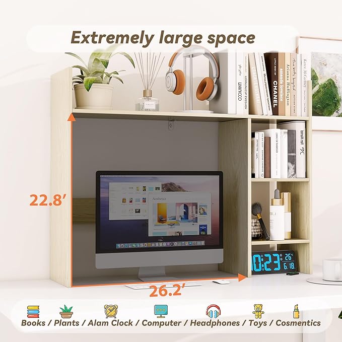 FTZxHKLX Desktop Bookshelf, 37.4’’ Wooden Desk Storage Hutch with 3 Shelves,4 Tier Multipurpose Display Shelf with Storage, Wooden Desk Shelf Organizer for Computer Desk, College Dorm, Office, Home