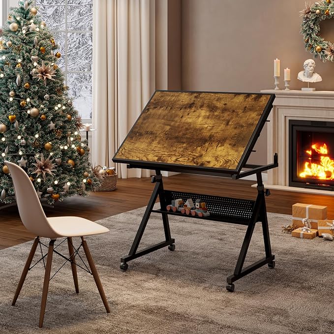 Drafting Table Art Table Adjustable Drawing Table Tilted Tabletop, Craft Table with Storage and Side Trays, Crafting Desk for Painting Diamond Reading Writing Study (Black C)