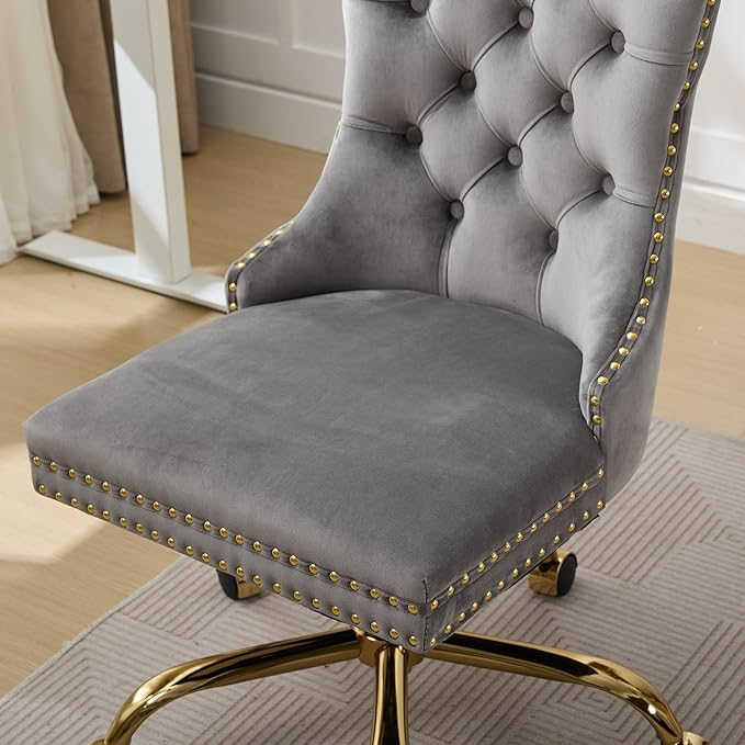 Goujxcy Desk Chair, Modern Velvet Upholstered Tufted Button Home Office Chair, 360° Swivel Armless Desk Chairs, 120°Rocking Ergonomic Computer Task Vanity Chairs, Gray