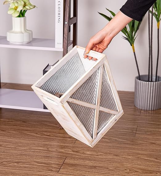 Venalys Small Wood Trash Can Wastebasket, Decorative Barn Door Garbage Can Waste Basket, Rustic Distressed Rectangular Trash Bin, Farmhouse Wooden Storage Basket Waste Paper Bin (Whitewash)