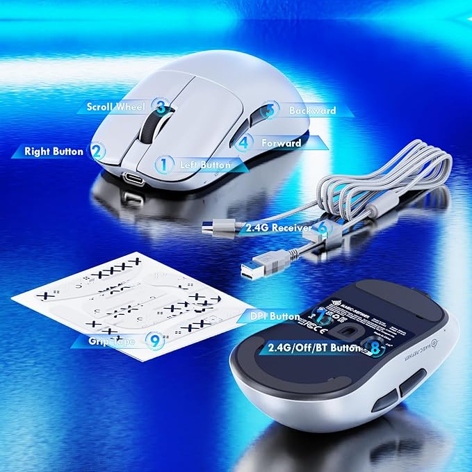 ZIYOU LANG×Magic-Refiner AJ199 Lightweight Wireless Gaming Mouse,Tri-Mode(2.4G/Wired/BT),24K DPI,PAW3311 Optical Sensor,1000Hz Polling Rate,600mAh,49g Ergonomic Mice for Mid-Large Hands-White&Sticker