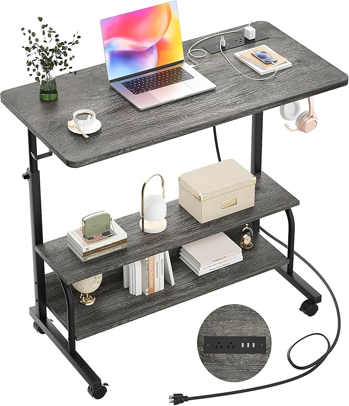 Armocity Rolling Standing Desk with Power Outlets, 32" Manual Height Adjustable Mobile Computer Desk with Wheels, Small Portable Sit Stand Laptop Couch Table for Bed & Sofa Home Office, Grey Oak